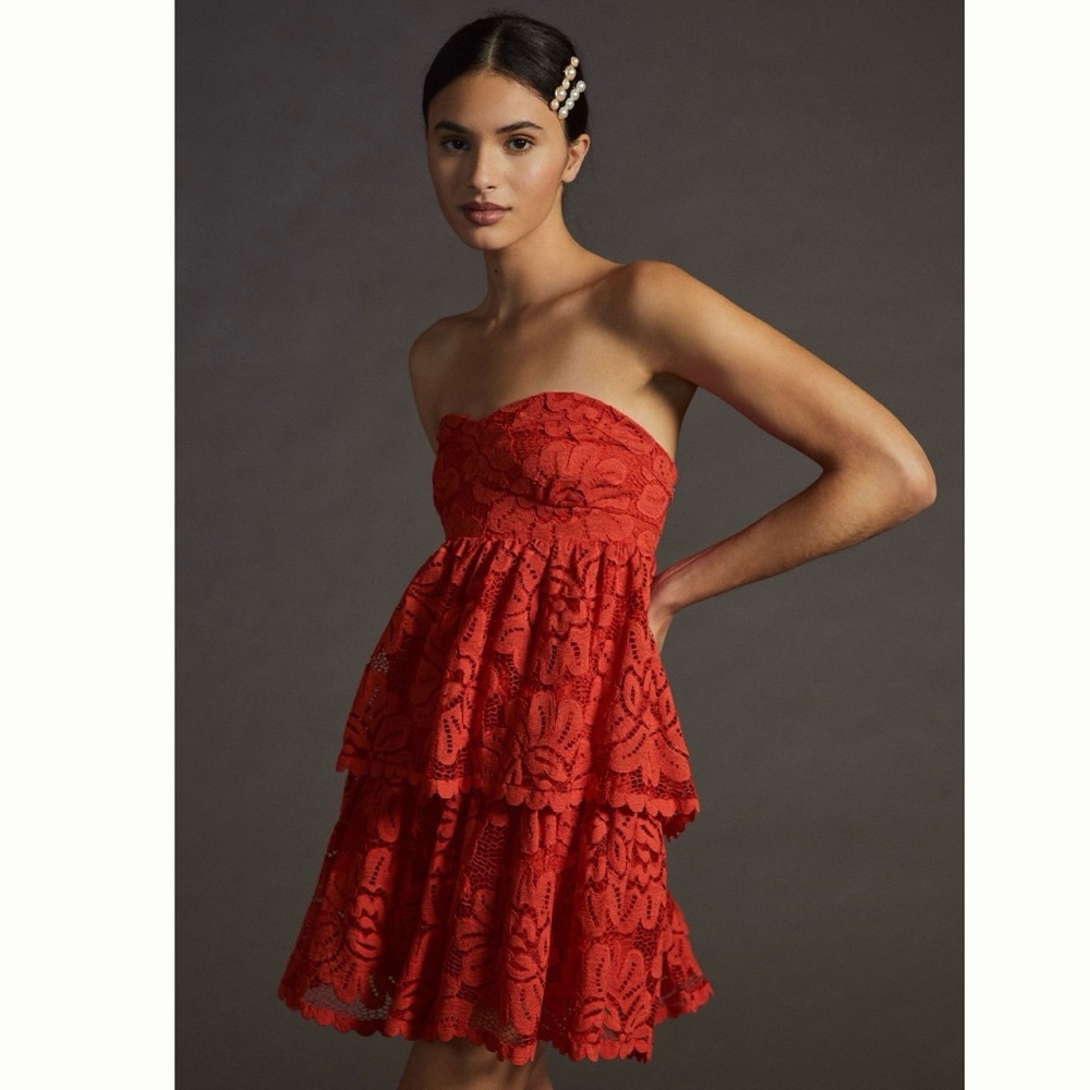❤️ Anthropologie ❤️ Maeve Strapless Lace Mini Dress Red Strapless XL new - Picture 2 of 8